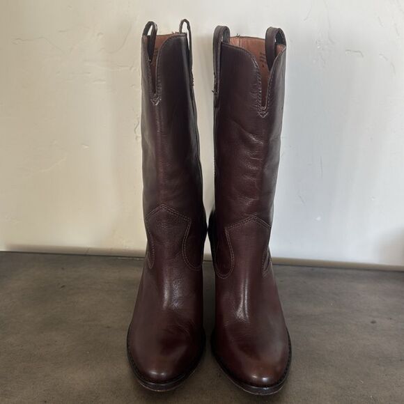 KORS Michael Kors Dark Brown Leather Mid Calf Heeled Boots Pull On Women’s Sz 6M - Picture 2 of 16